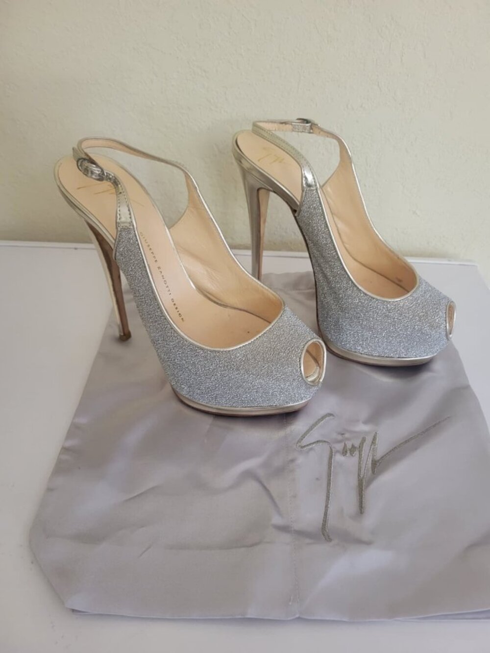 Giuseppe Zanotti Silver Glitter Slingback Heels US 8